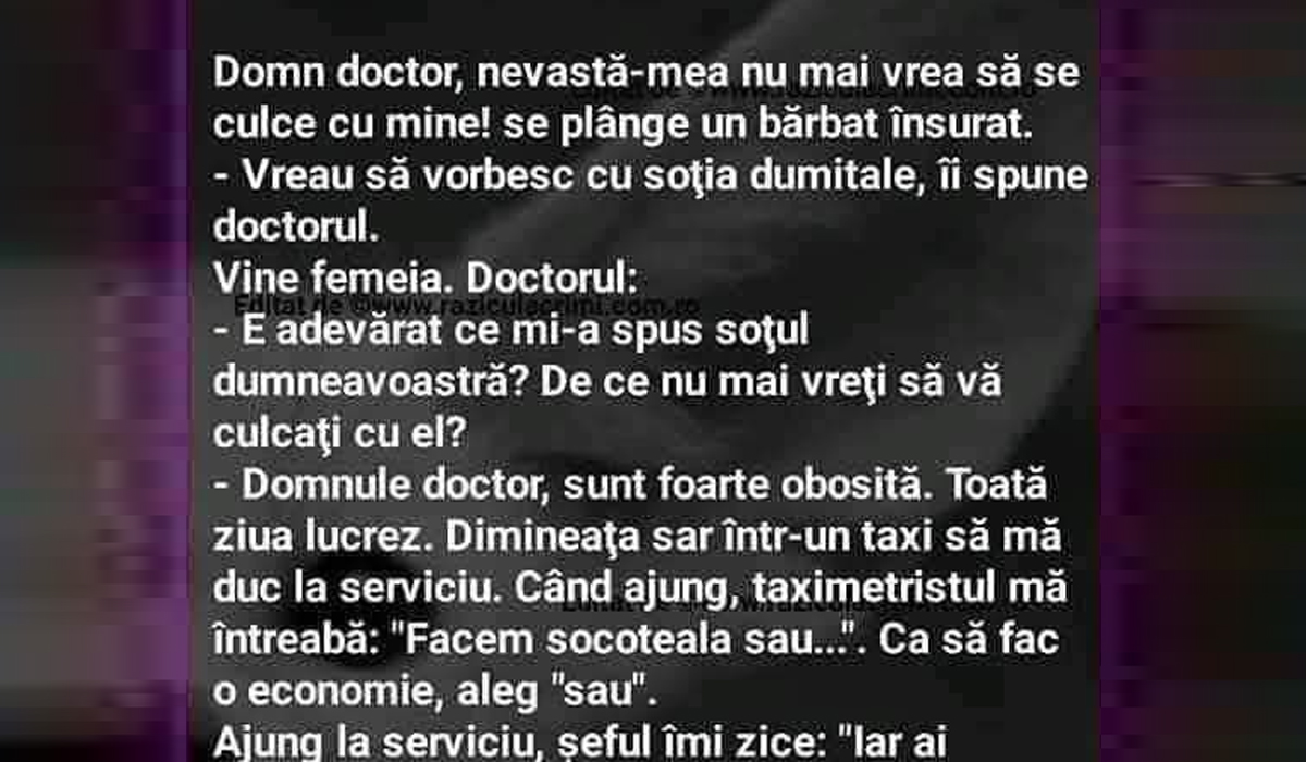 Imagine Stire BANC | „Domn’ doctor, nevastă-mea nu mai vrea să se culce cu mine!” | 2review.ro