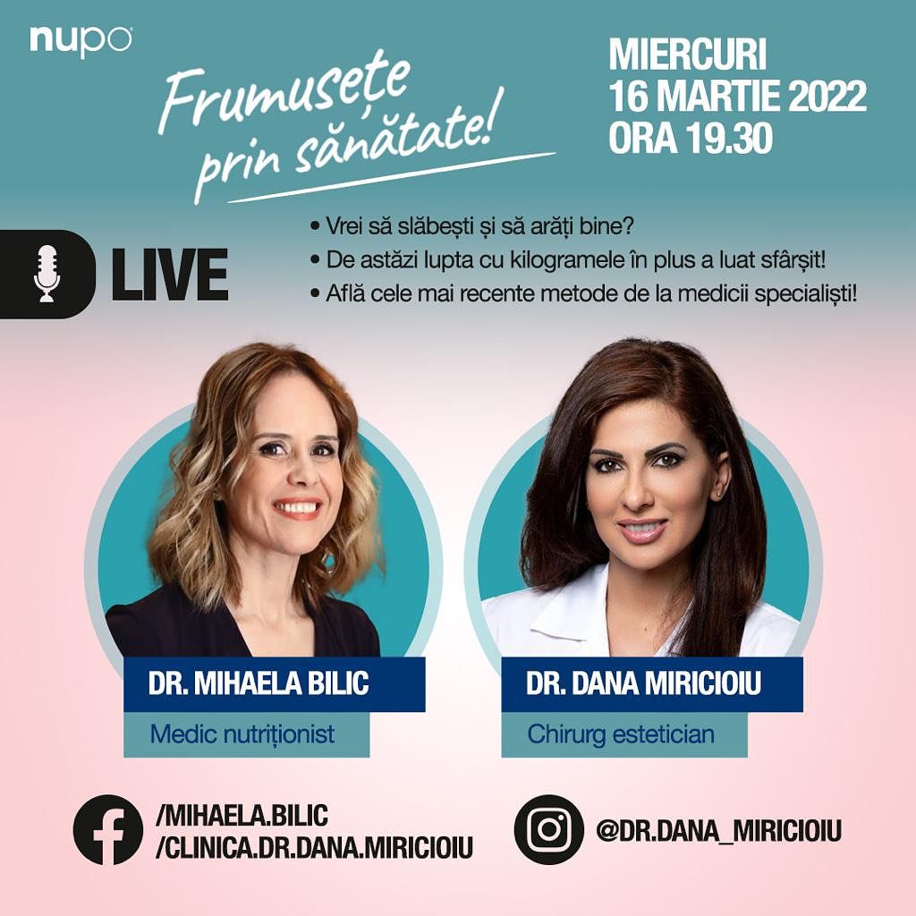 Frumusețe prin sănătate! Află cele mai recente metode de slăbit și de remodelare corporală de la specialiștii în domeniu: Dr.Dana Miricioiu și Dr.Mihaela Bilic. Participă la o dezbatere live despre frumusețe și scădere în greutate!