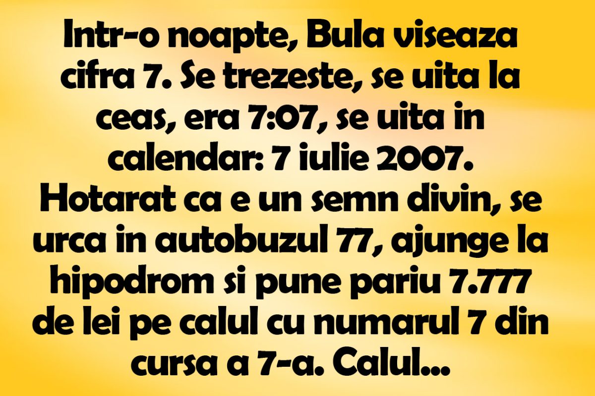 Imagine Stire BANC | Într-o noapte, Bulă visează cifra 7. Se trezeşte, se uită la ceas, era 7:07, se uită în calendar: 7 iulie 2007 | 2review.ro