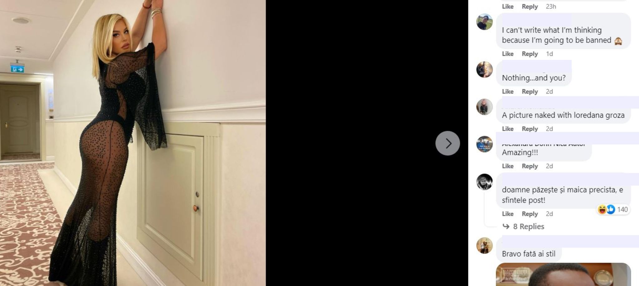 Ce i-a reproşat un internaut Loredanei Groza, după ce s-a fotografiat aşa şi a urcat imaginea pe internet: “Doamne păzeşte”. Sursă foto: captură de ecran, Facebook