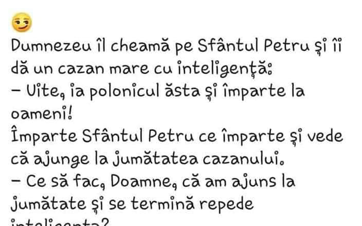 Imagine Stire BANC | Dumnezeu îl cheamă pe Sfântul Petru și îi dă un cazan mare cu inteligență: „Ia polonicul ăsta și împarte la oameni!” | 2review.ro