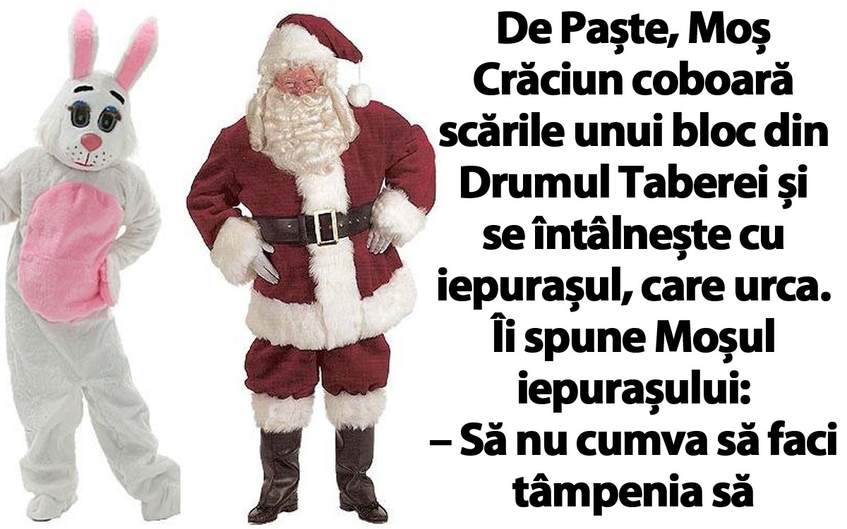 Imagine Stire BANC | De Paște, Moș Crăciun coboară scările unui bloc din Drumul Taberei și se întâlnește cu iepurașul, care urca | 2review.ro
