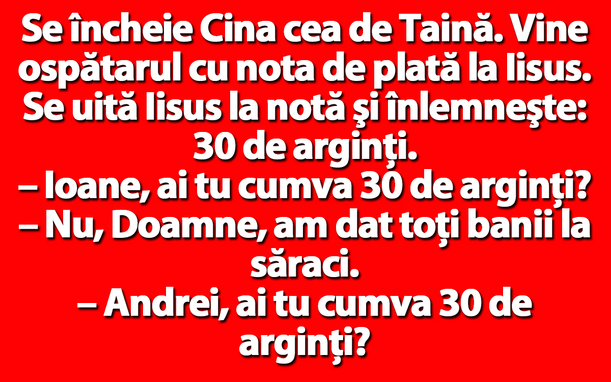 Imagine Stire BANC | Se încheie Cina cea de Taină. Vine ospătarul cu nota de plată la Iisus | 2review.ro