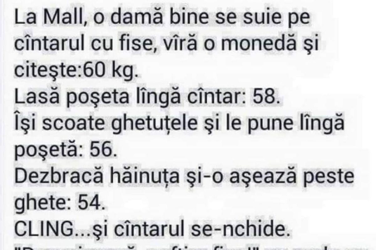 Imagine Stire BANC | La mall, o damă bine se suie pe cântarul cu fise, vâră o monedă și citește: 60 de kilograme | 2review.ro