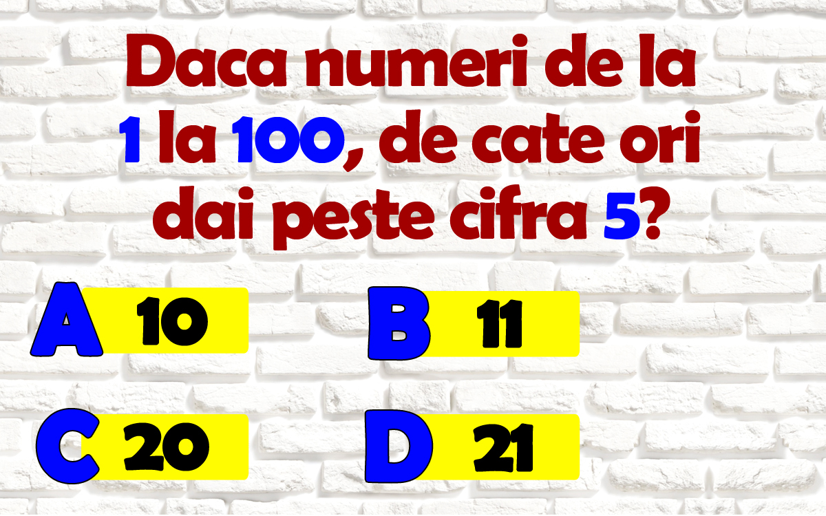 Test de inteligență | Dacă numeri de la 1 la 100, de câte ori dai peste cifra 5? 9 din 10 oameni greșesc!