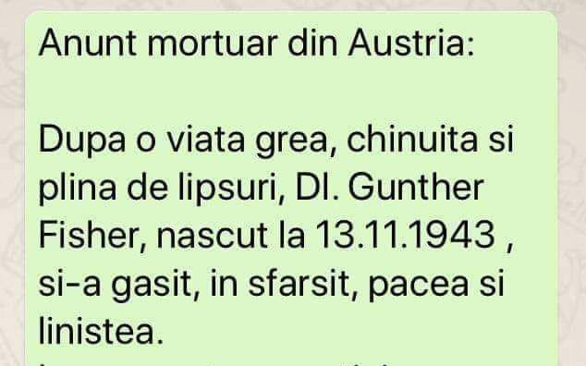 Imagine Stire BANC | Anunț mortuar în Austria: „După o viață grea, chinuită și plină de lipsuri, domnul Gunther Fisher..” | 2review.ro