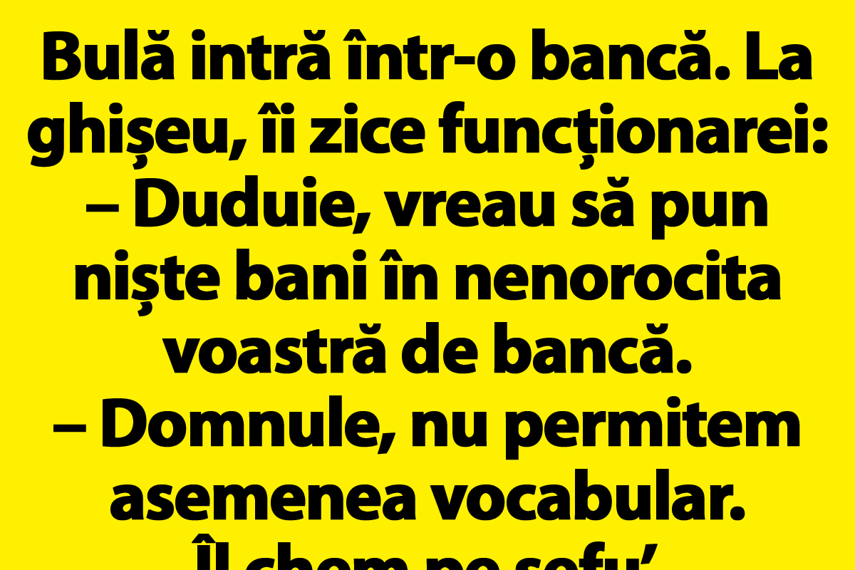 Imagine Stire BANC | Bulă intră într-o bancă: „Duduie, vreau să pun niște bani în nenorocita voastră de bancă” | 2review.ro