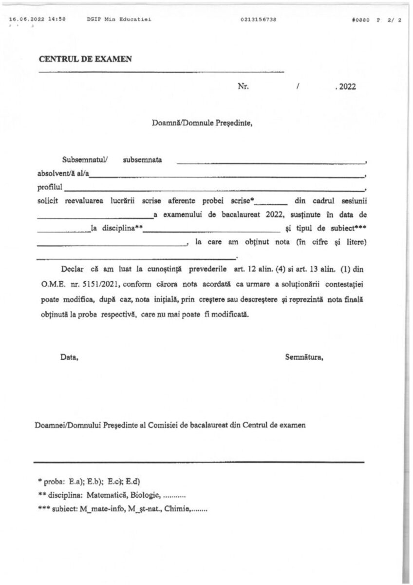Modelul de cerere pentru depunerea contestațiilor la Bacalaureat 2022