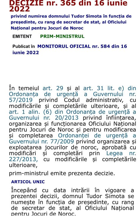 Decizia prin care iubitul Odettei Nistor este numit nou șef al ONJN