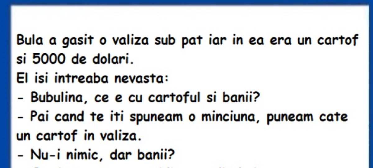 Imagine Stire BANC | Bulă a găsit o valiză sub pat și în ea erau 5.000 de dolari și un cartof | 2review.ro