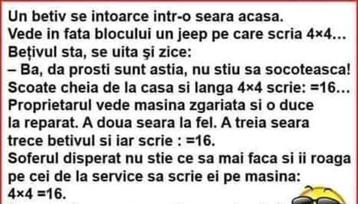 Imagine Stire BANC | Un bețiv se întoarce seara acasă. Vede în fața blocului un jeep | 2review.ro