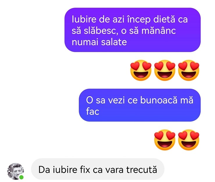 Imagine Stire BANC | O tipă către iubitul ei: ”Iubire, de azi încep dietă ca să slăbesc, o să mănânc salate” | 2review.ro