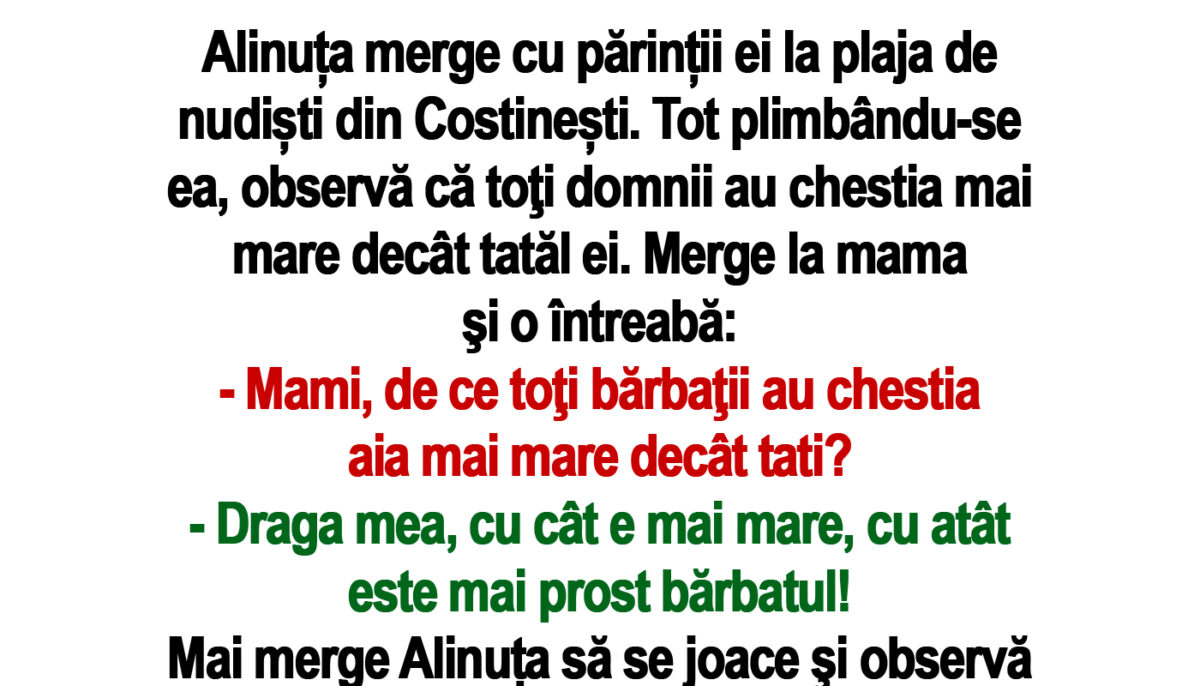 Imagine Stire BANC | Alinuța merge cu părinții ei la plaja de nudiști din Costinești: „Mami, de ce toţi bărbaţii au chestia aia mai mare decât tati?” | 2review.ro