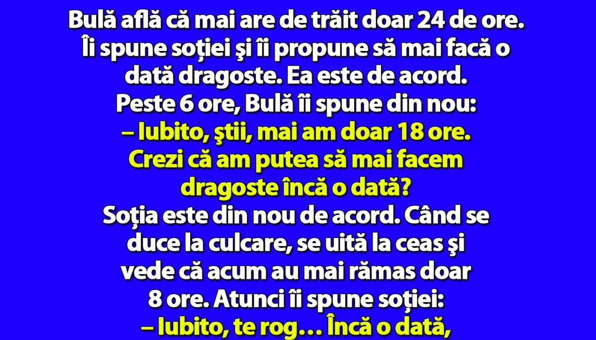 Imagine Stire BANC | Bulă află că mai are de trăit doar 24 de ore. Îi spune soţiei şi îi propune să mai facă o dată dragoste | 2review.ro