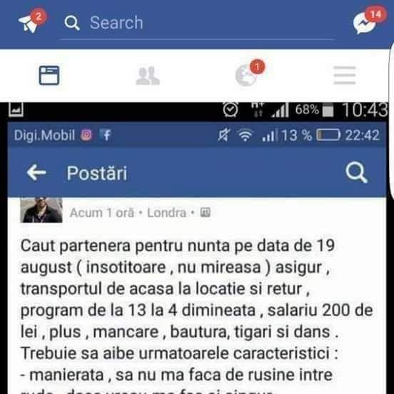 Postarea care a a devenit virală pe Facebook: „Caut parteneră pentru nuntă pe data 19 august”