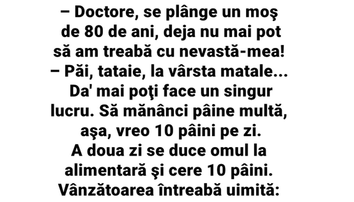 Imagine Stire BANC | Un moș de 80 de ani, la doctor: „Nu mai pot să am treabă cu nevastă-mea” | 2review.ro