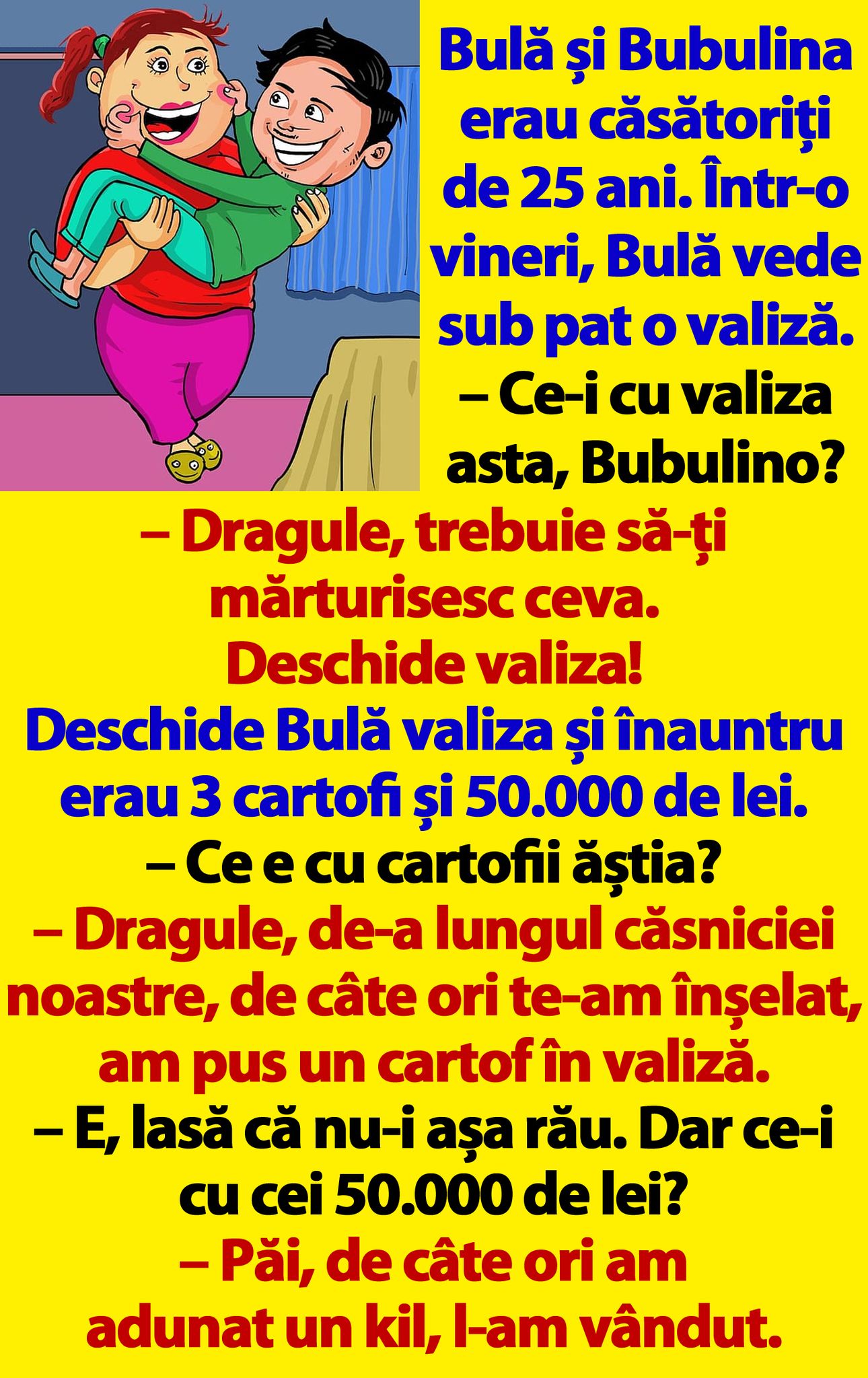 BANC | Bulă și Bubulina erau căsătoriți de 25 ani. Într-o vineri, Bulă vede sub pat o valiză