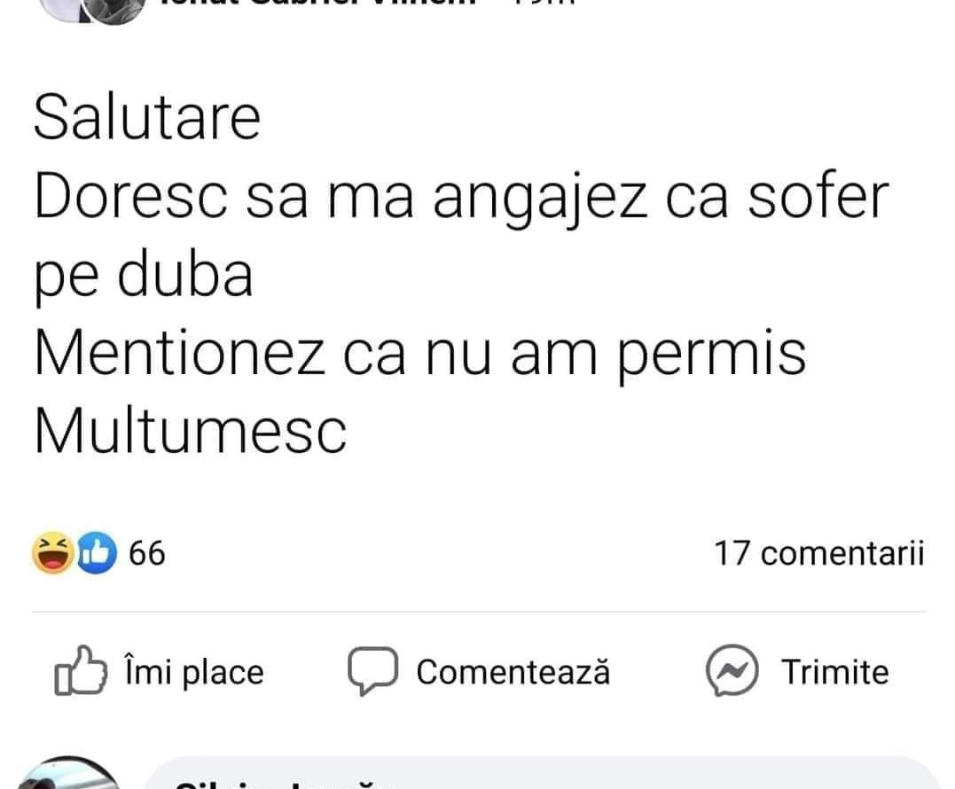 Cel mai tare anunț: „Salutare. Doresc să mă angajez pe dubă. Menționez că nu am permis.”. Ce răspuns a primit