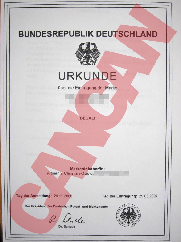 Certificatul pe care Altmann îl prezintă ca argument că-i aparține brandul Becali (Foto: CANCAN.RO)