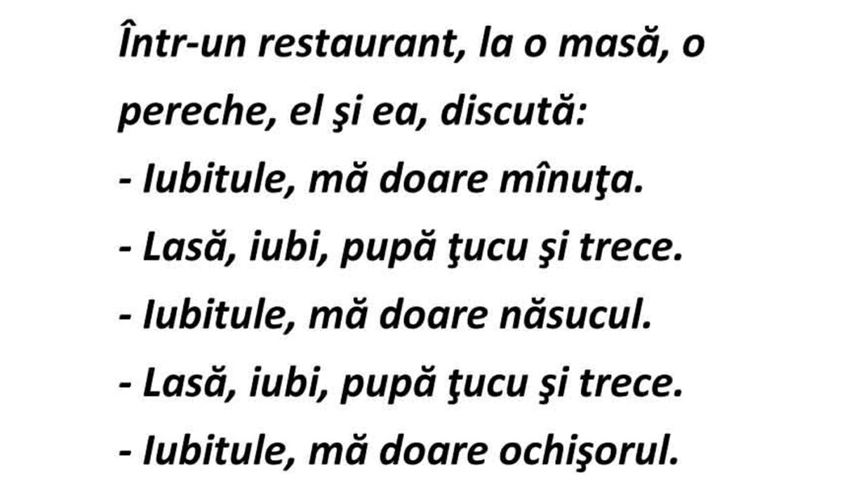 Imagine Stire BANC | Într-un restaurant, un cuplu discută: „Iubitule, mă doare mânuța” | 2review.ro