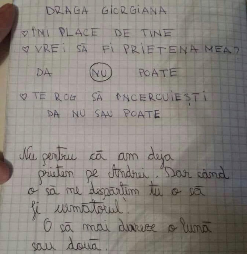 Ce răspuns a primit un elev, după ce i-a cerut unei fetiţe să fie iubita lui: “Dragă Giorgiana…” / “O să mai dureze o lună sau două”