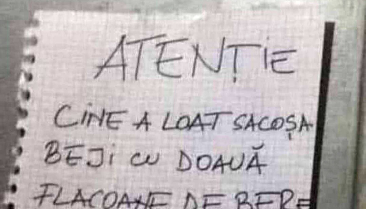 Mesajul ilar lipit de un român într-o scară de bloc: „Cine a loat sacoșa beji cu doauă flacoane de bere..”