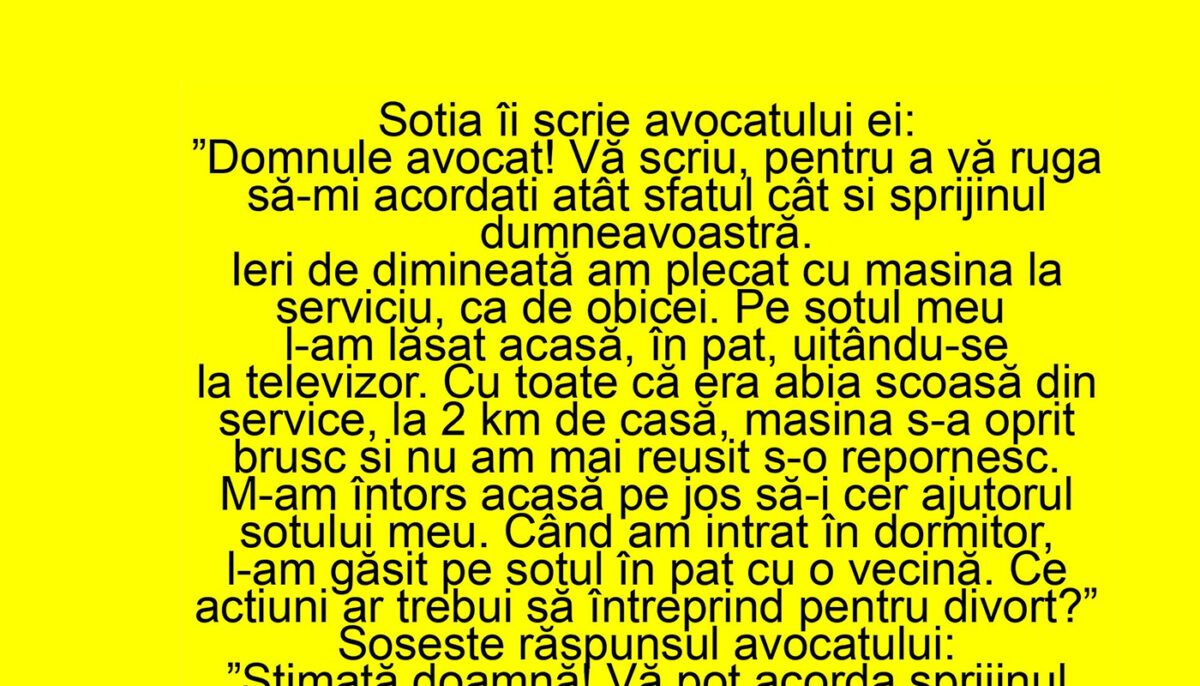 Imagine Stire BANCUL ZILEI | Soția îi scrie avocatului ei: „L-am găsit pe soțul meu în pat cu o vecină” | 2review.ro