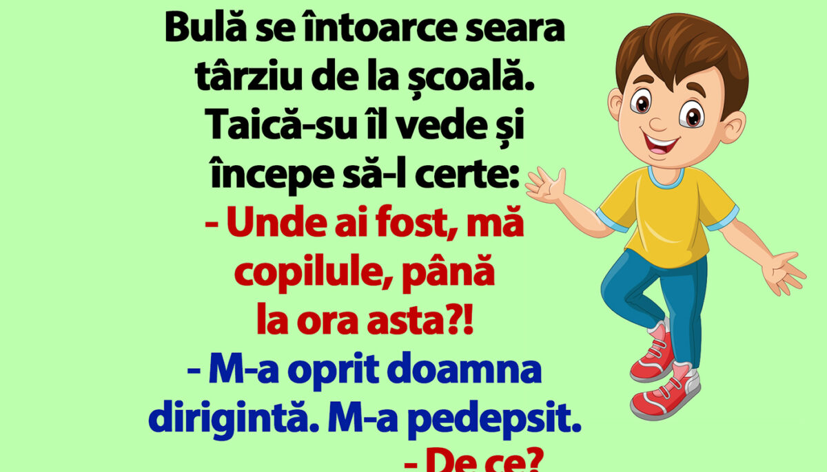 Imagine Stire BANC | Bulă se întoarce seara târziu de la școală. Taică-su îl vede și începe să-l certe | 2review.ro