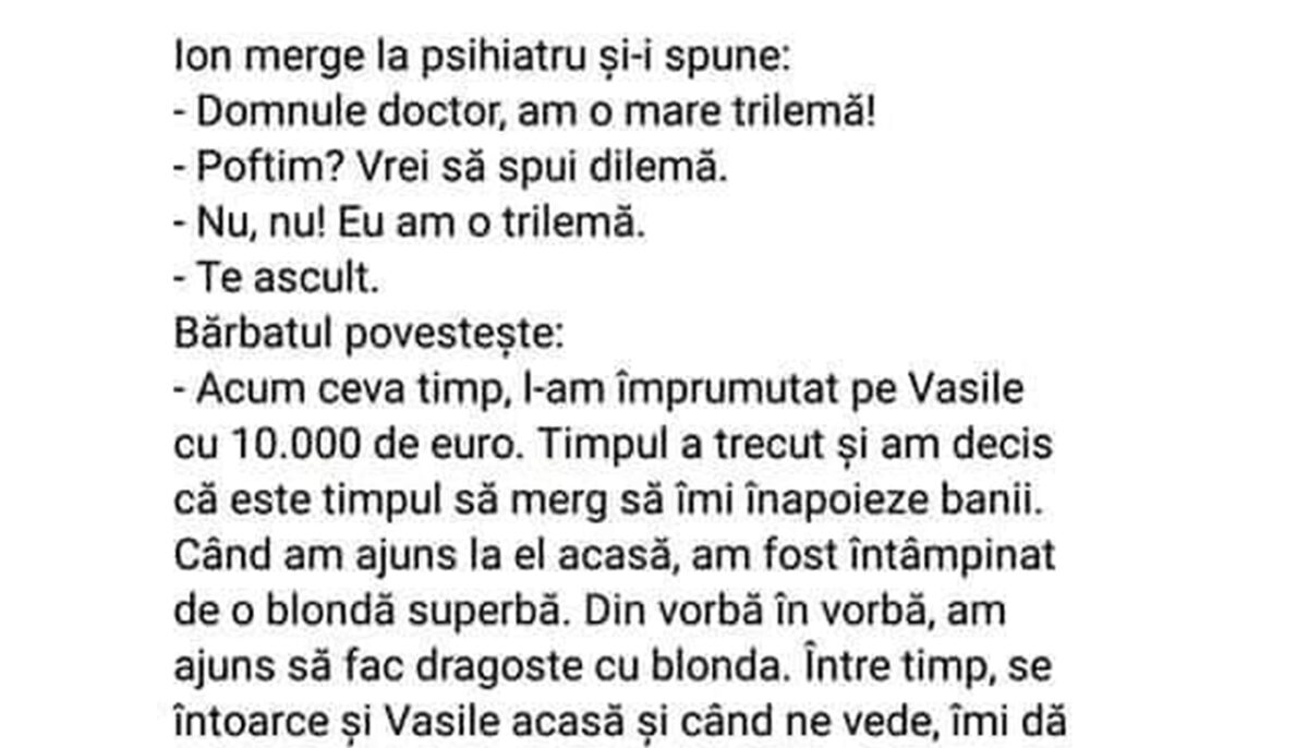 Imagine Stire BANCUL ZILEI | Ion merge la psihiatru: „Doctore, am o trilemă!” | 2review.ro