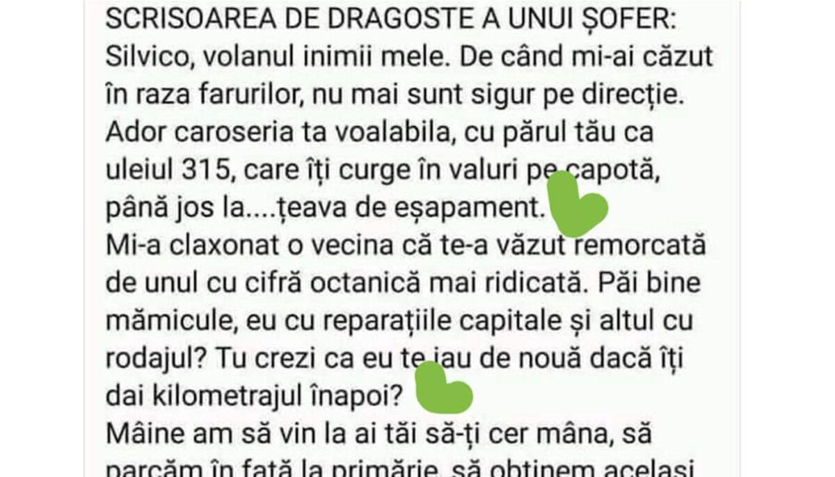 Imagine Stire BANC | Scrisoarea de dragoste a unui șofer: „Silvico, volanul inimii mele..” | 2review.ro