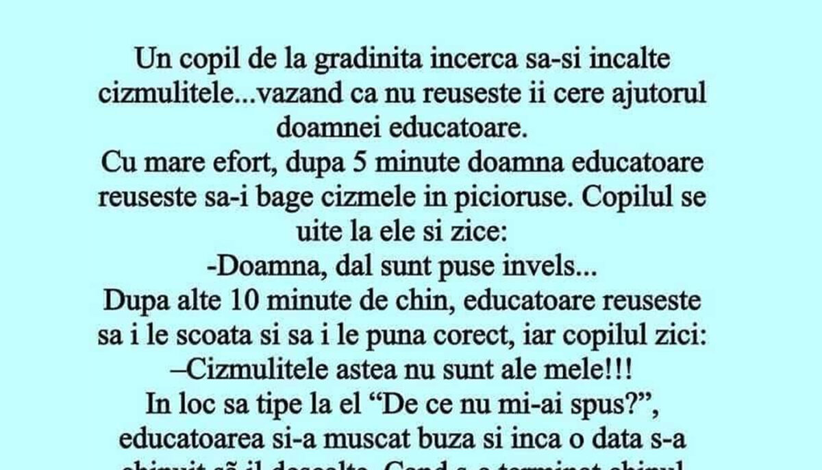 Imagine Stire Bancul de weekend | Copilul, cizmulițele și doamna educatoare | 2review.ro