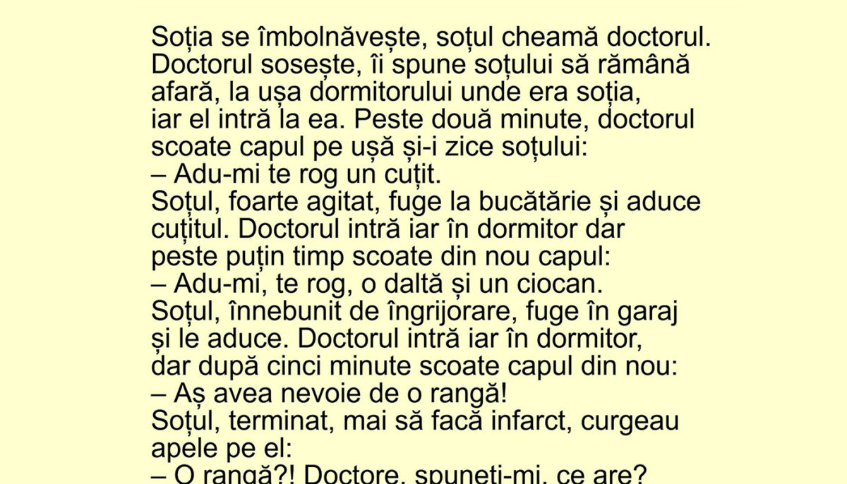 Imagine Stire BANCUL ZILEI | Soția se îmbolnăvește și soțul cheamă doctorul | 2review.ro