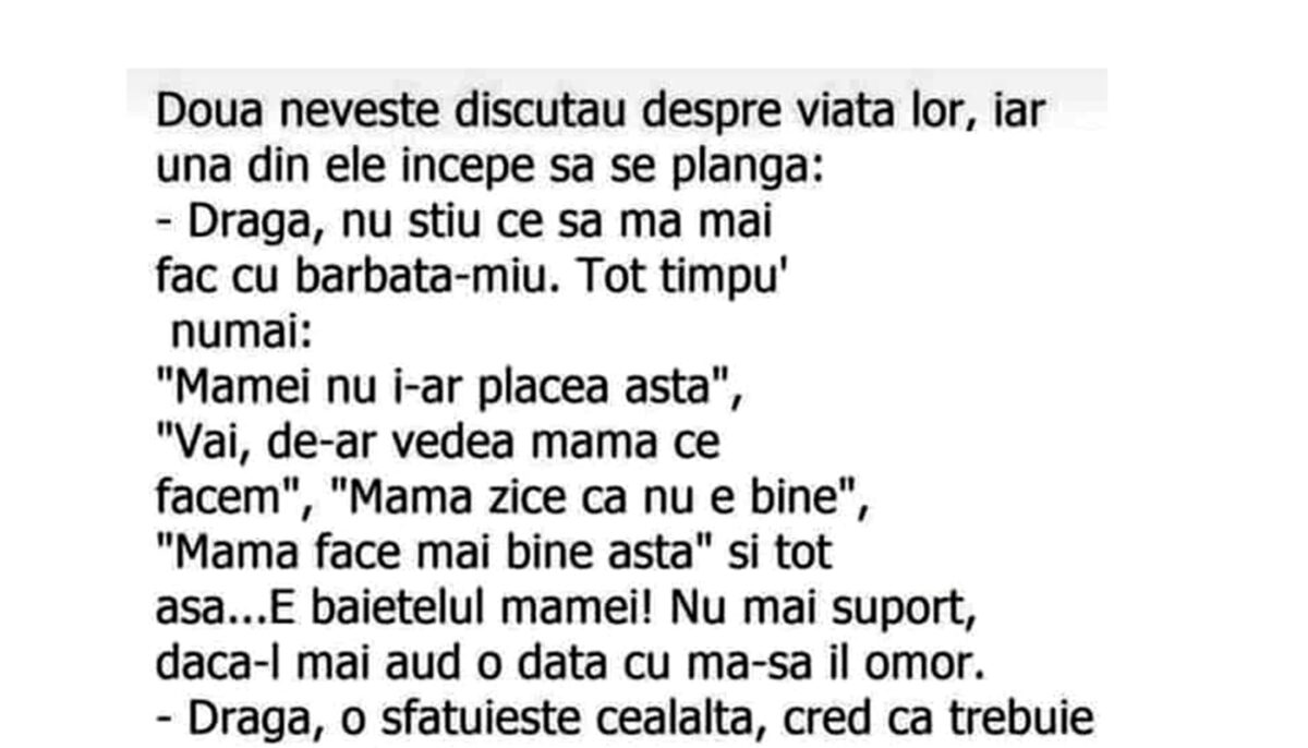 Imagine Stire Bancul de weekend | Nevasta disperată și soțul care încă e „băiatul mamei” | 2review.ro