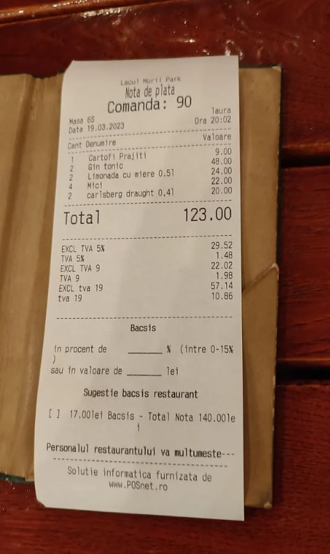 notă de plată Lacul Morii