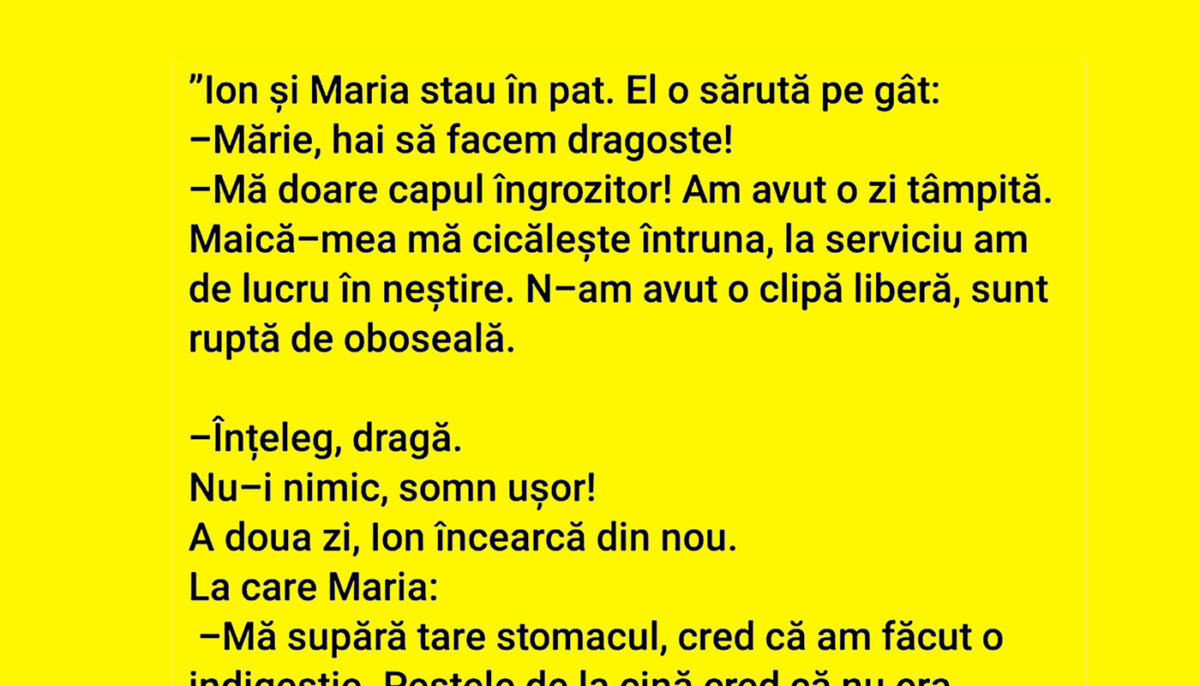 Imagine Stire BANCUL ZILEI | Ion și Maria stau în pat: „Hai să facem dragoste!” | 2review.ro