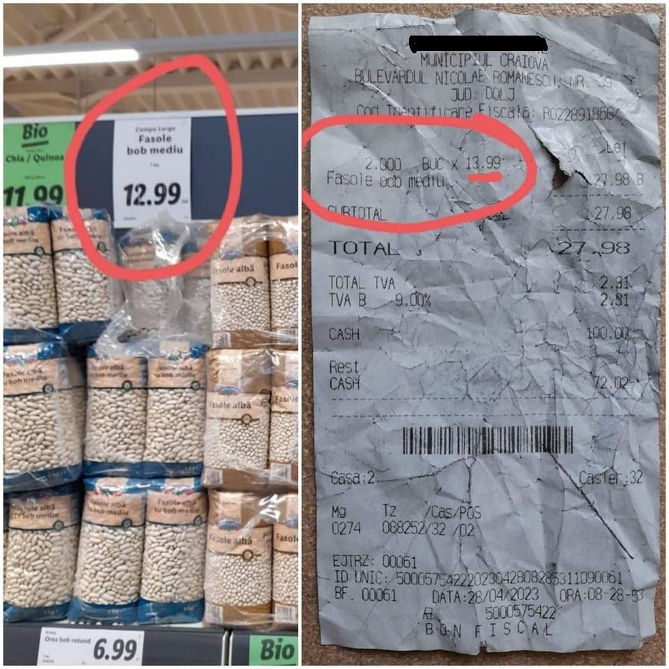 Un preț la raft, altul pe bon/ Foto: Facebook