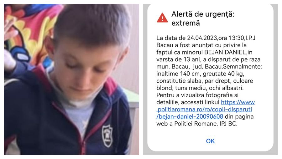 Blejan Daniel, un băiat de 13 ani din Bacău, a dispărut. Cine îl vede este rugat să sune la 112!