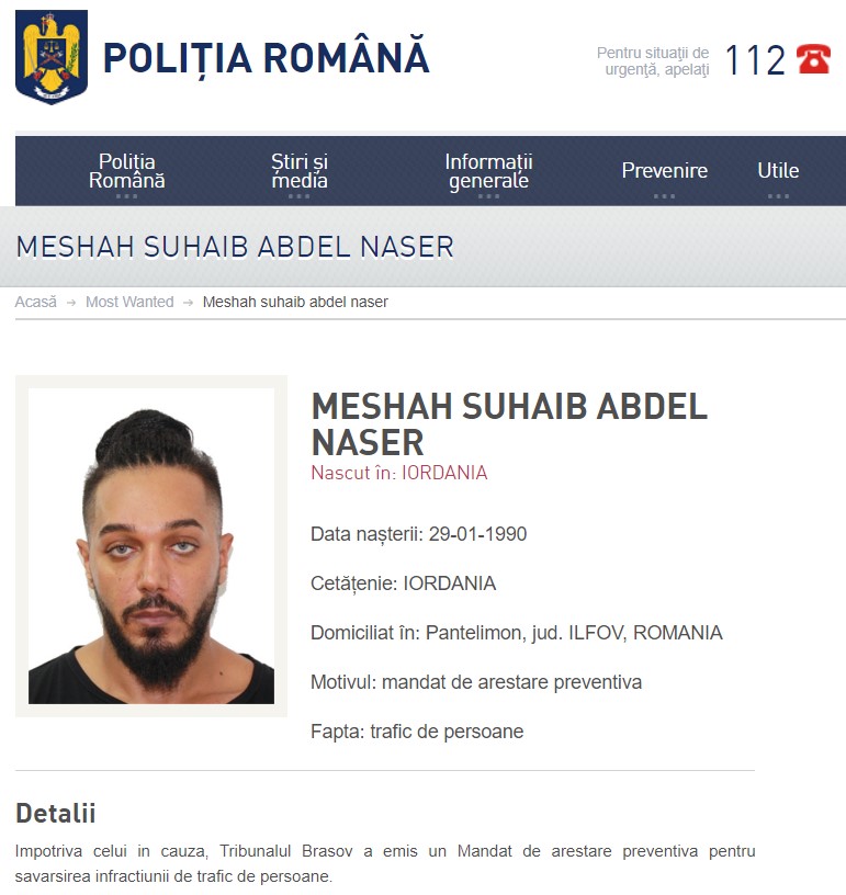 Suhaib Meshah, la categoria "most wanted" pe site-ul Poliției Române
