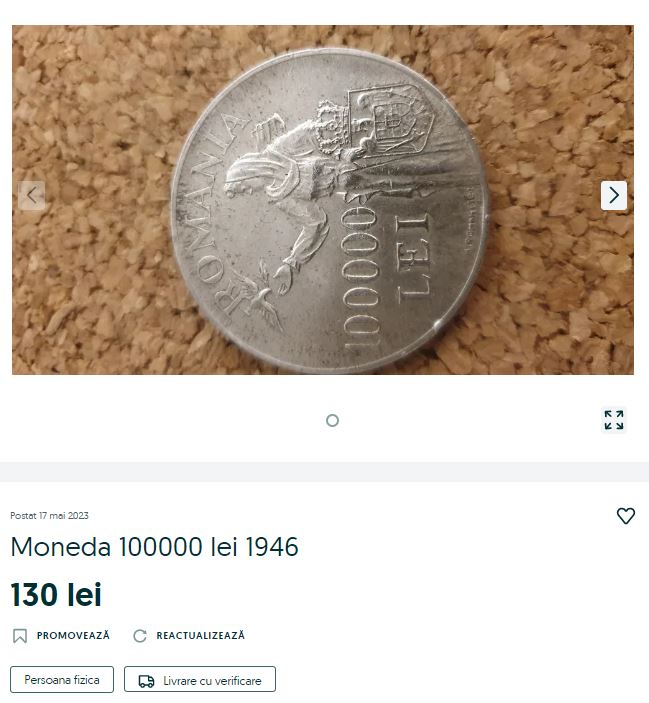 Moneda se vinde la prețul de 130 de lei / Sursă foto: Olx