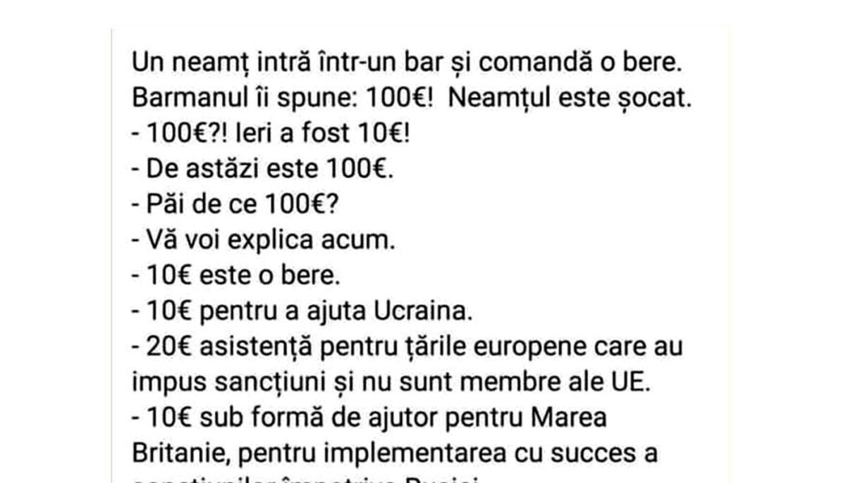 Imagine Stire BANC | Un neamț intră în bar și comandă o bere: „Costă 100 de euro!” | 2review.ro