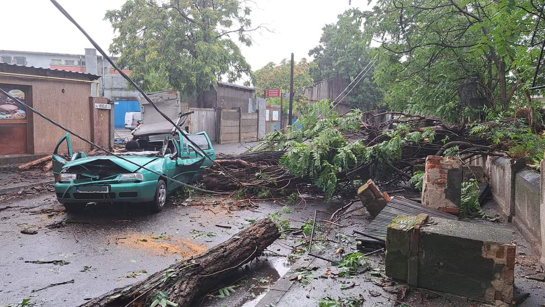 Furtuna a făcut ravagii în București. O persoană a ajuns la spital, după ce un copac a strivit un autoturism 