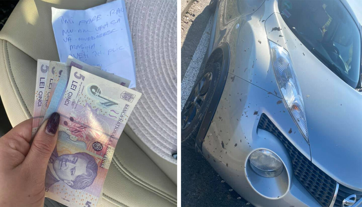 „Îmi pare rău, n-am vrut”. Ce bilețel și câți lei a găsit, pe capota mașinii, o șoferiță din Iași