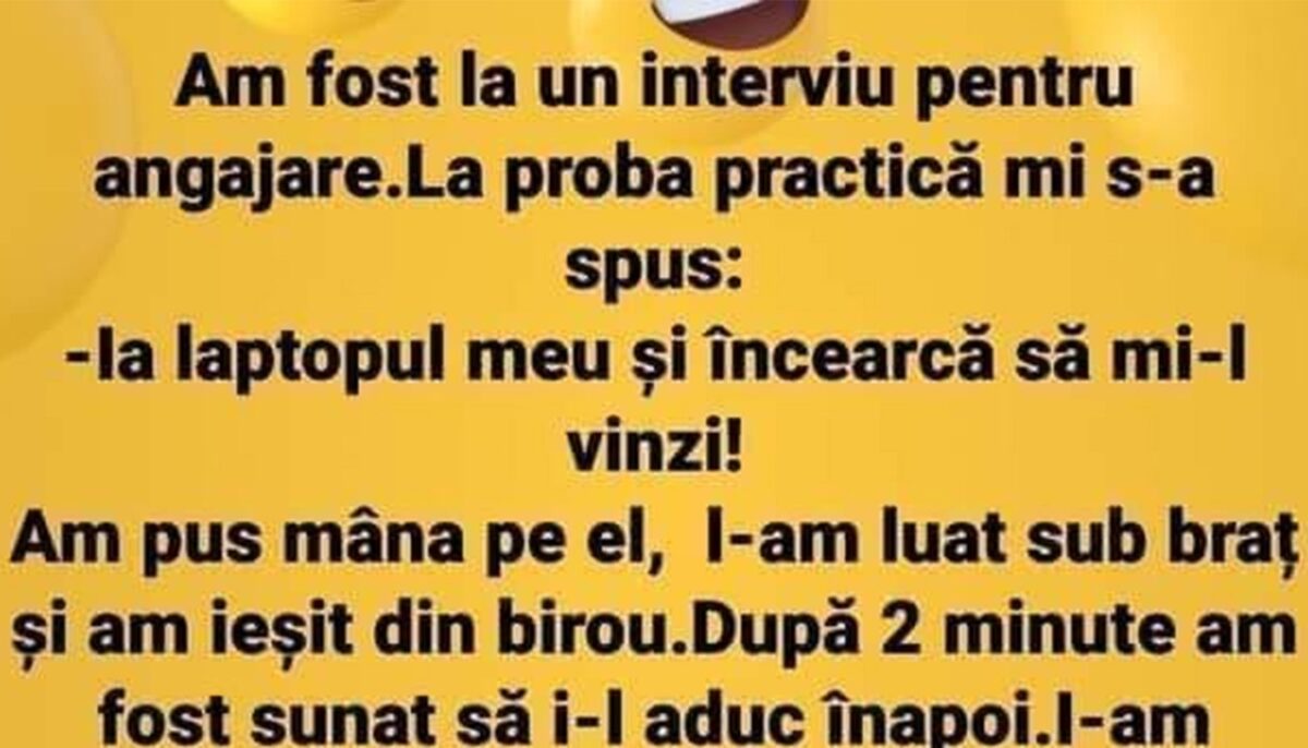 Imagine Stire Bancul dimineții | Interviu de angajare: „Ia laptopul ăsta și încearcă să mi-l vinzi!” | 2review.ro
