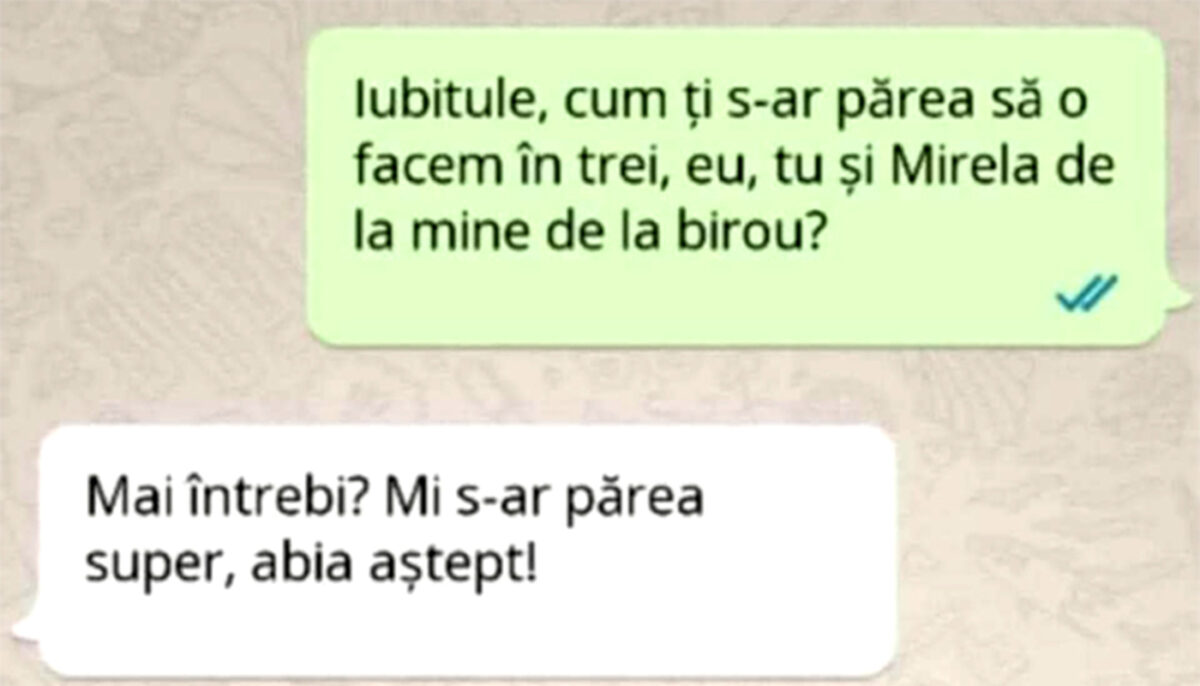 Imagine Stire BANCUL ZILEI | „Iubitule, cum ți s-ar părea să o facem în trei: eu, tu și Mirela de la mine, de la birou?” | 2review.ro