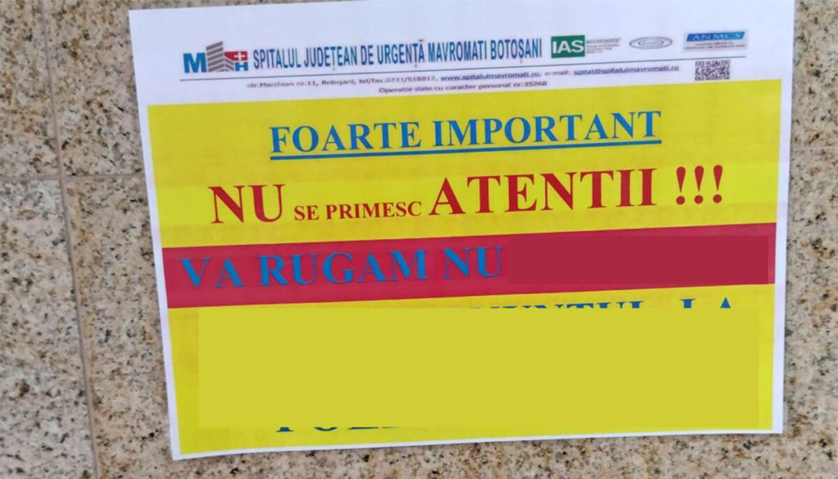 Mesaj viral postat pe o foaie A4, pe pereții Spitalului de Urgență din Botoșani: „Nu se primesc atenții! Vă rugăm nu..”