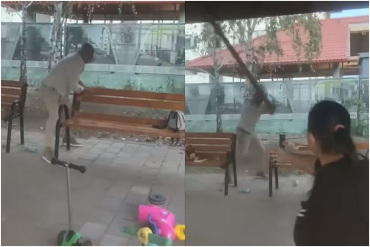 Scene ireale într-un parc din Dobroești. Un bărbat a început să distrugă băncile de pe domeniul public. De la ce ar fi pornit scandalul