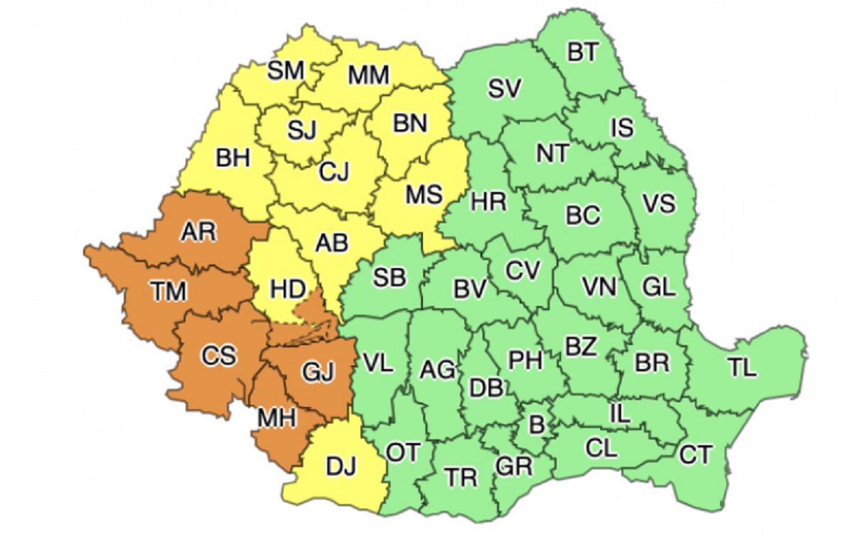 Avertizare ANM. Cod portocaliu și galben în 6 județe din România