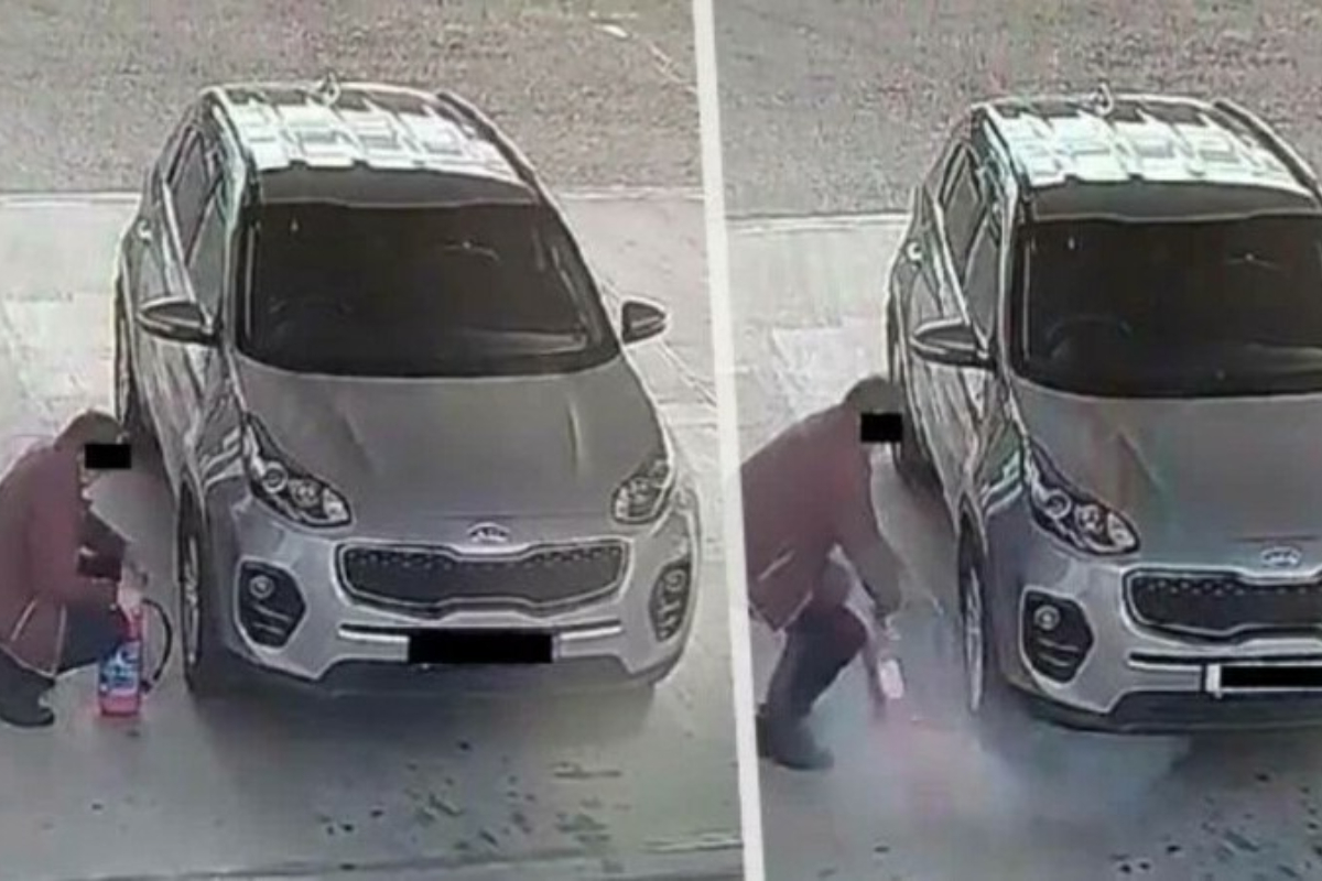 Imaginile surprinse în această benzinărie au devenit virale! Cum a încercat un șofer să își umfle roata cu stingătorul de incendiu 