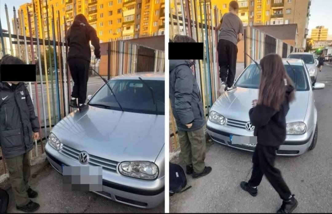 Motivul incredibil pentru care mai mulţi copii s-au urcat pe o maşină, parcată pe trotuar: „Cam aşa trebuie procedat”