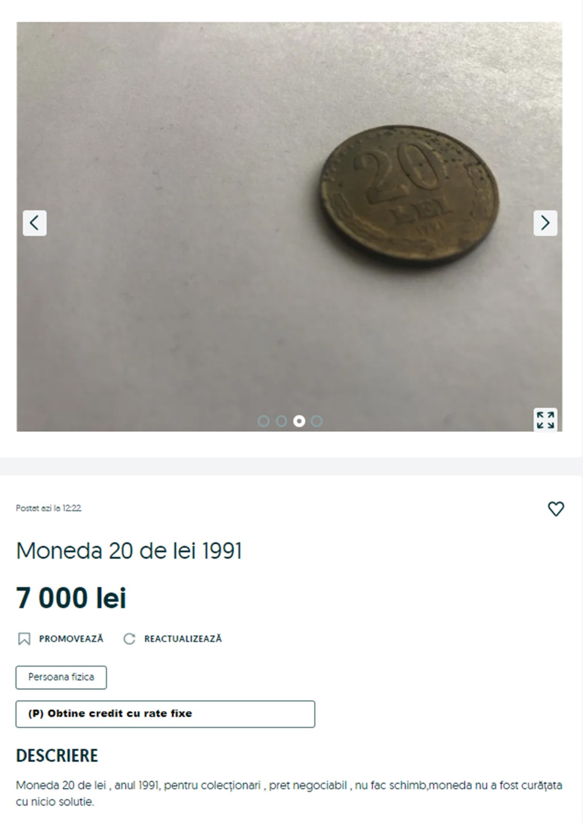 Prețul unei monede de 20 de lei, din 1991